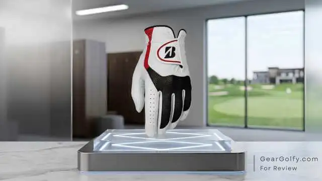 Bridgestone E Cabretta golf glove with mesh finger panels positioned on a display stand.