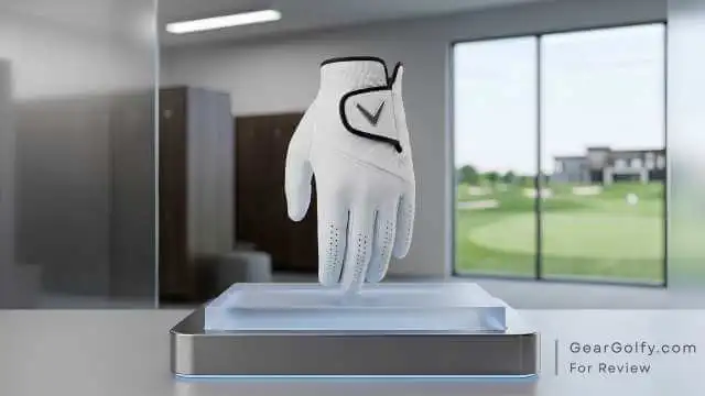 Callaway Tour Authentic AAA Cabretta golf glove positioned on a display stand.