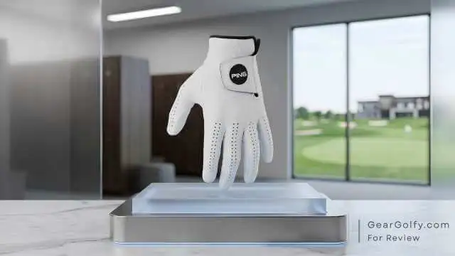 PING Tour ventilated Cabretta leather golf glove positioned on a display stand.