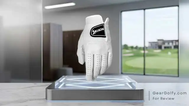Srixon Premium Cabretta golf glove with Lycra insert positioned on a display stand.