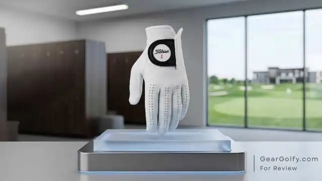 Titleist Players premium Cabretta leather golf glove positioned on a display stand.